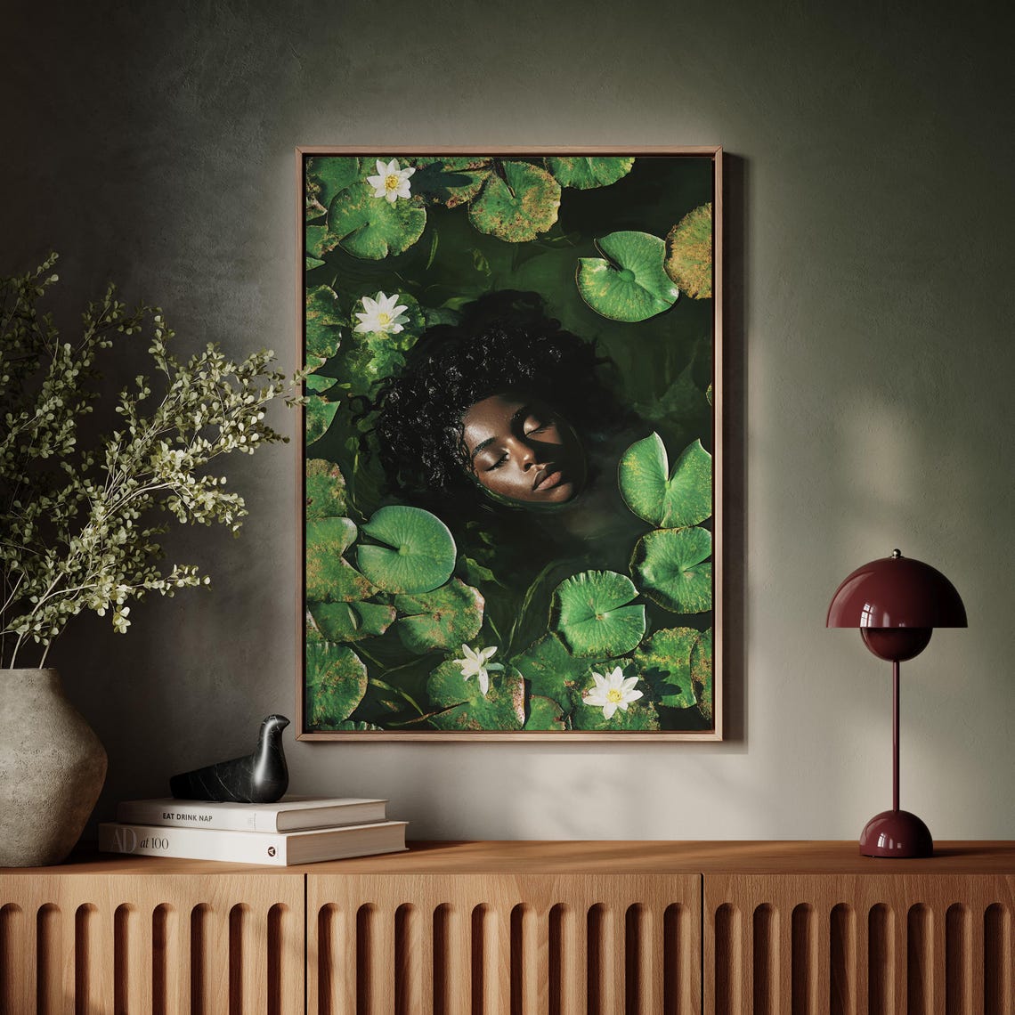 Serene Woman Floating Among Lily Pads Ethereal Botanical Water Poster