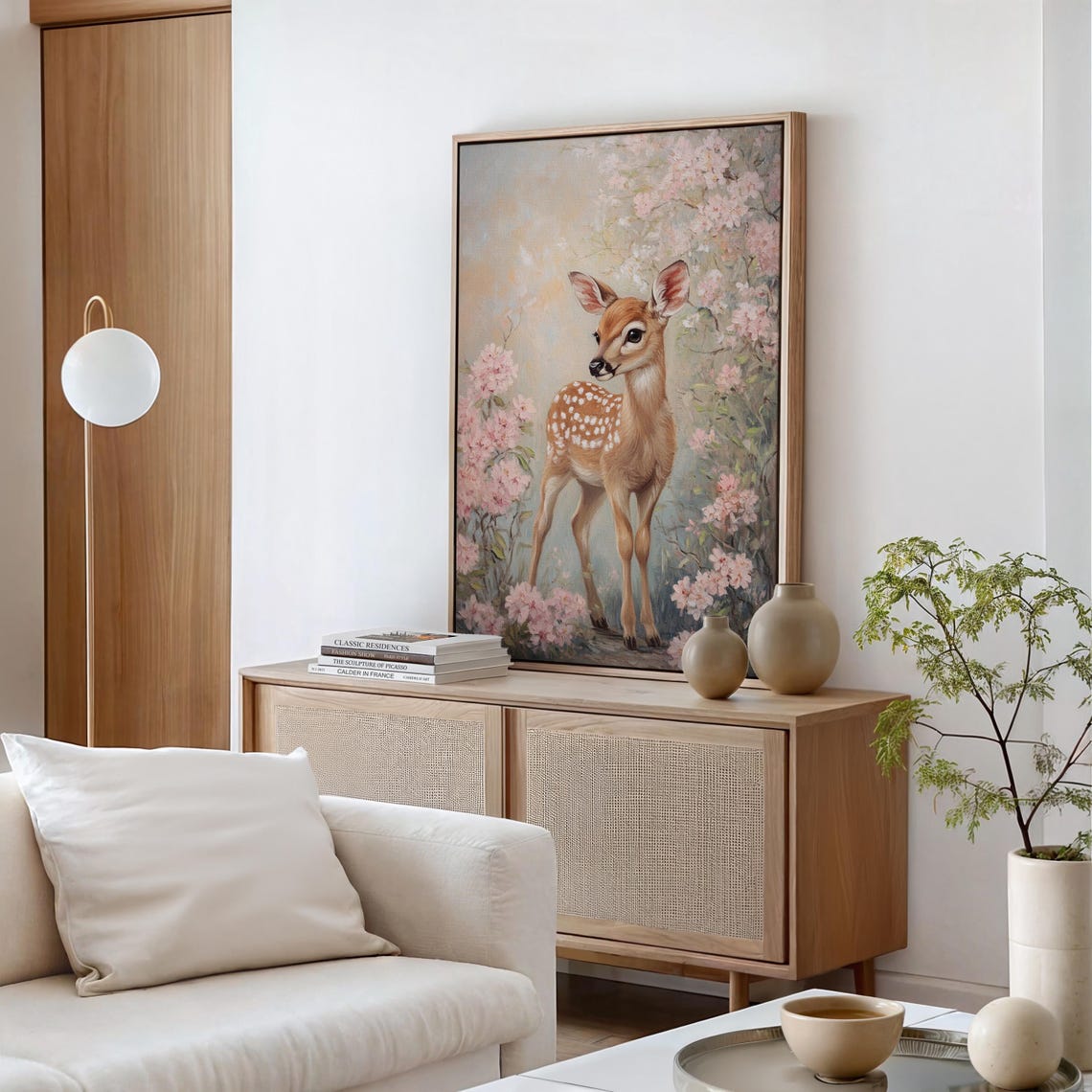 Spotted Fawn Standing Pink Blossom Branches Vintage Woodland Poster - Image 5