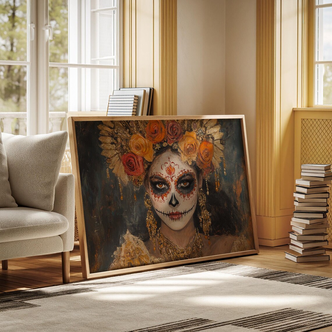 Dia De Los Muertos Rose Crown Sugar Skull Cultural Portrait Poster - Image 5