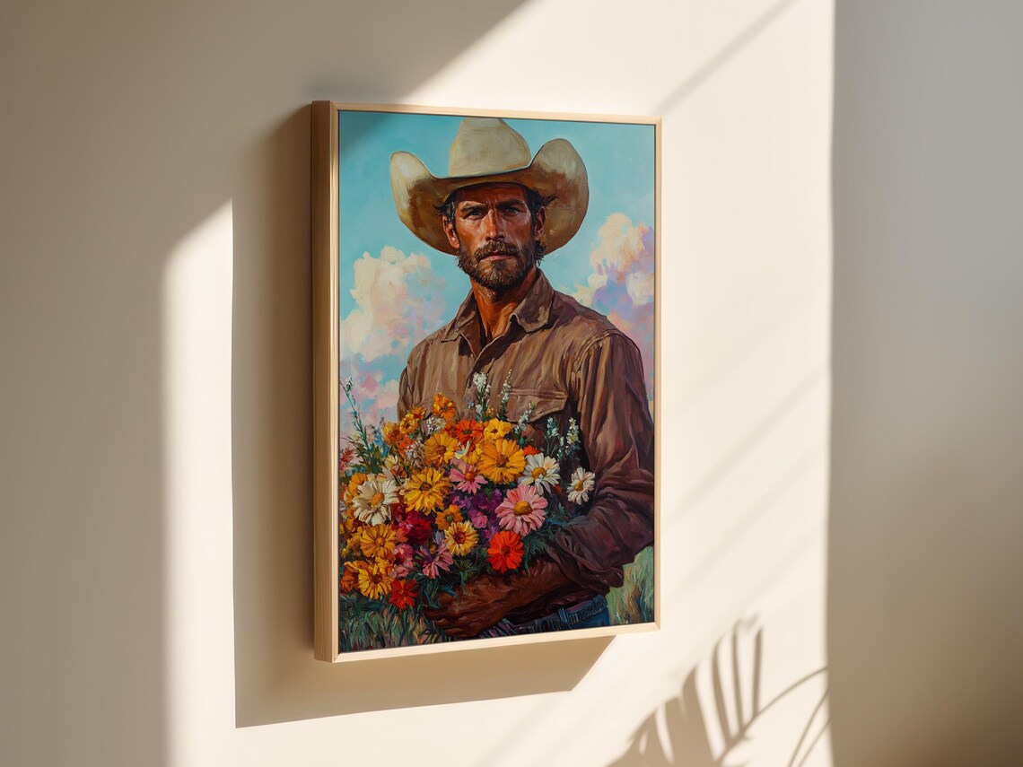 Rugged Cowboy Holding Wildflower Bouquet Western Style Poster - Image 6