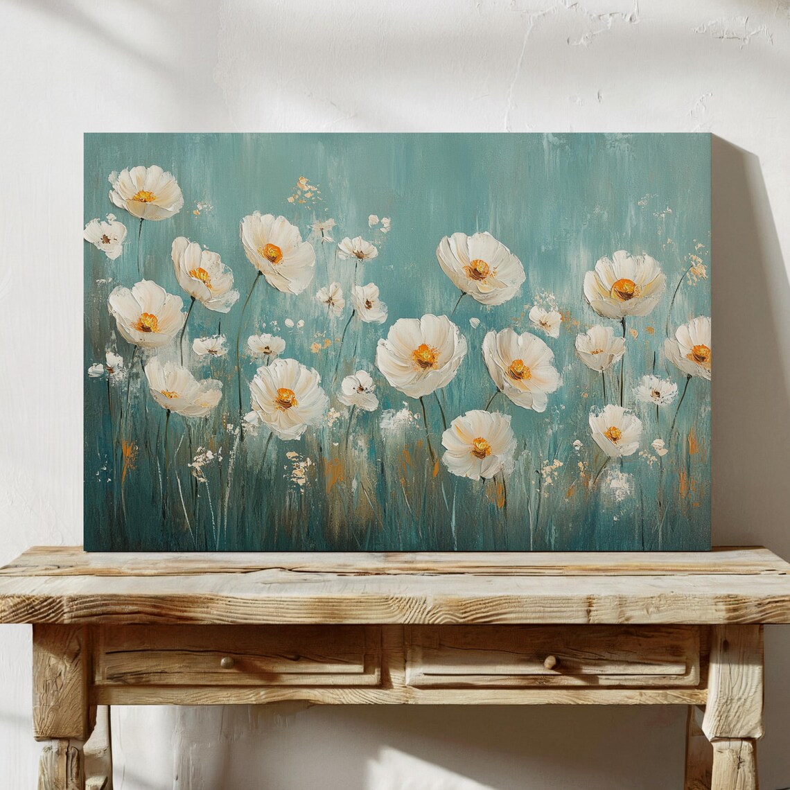 White Poppies Art Print, Turquoise Background - Image 6