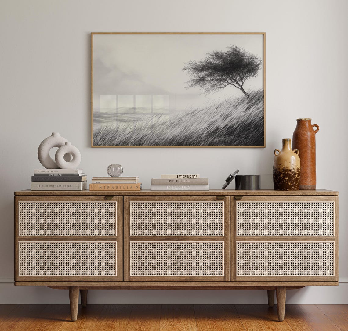 Minimalist Windy Tree Pencil Drawing Art Print