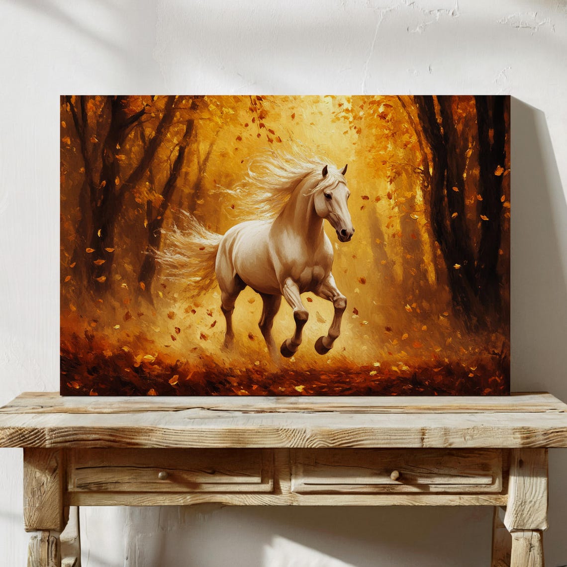 Majestic White Horse Galloping Golden Autumn Forest Equestrian Print - Image 3