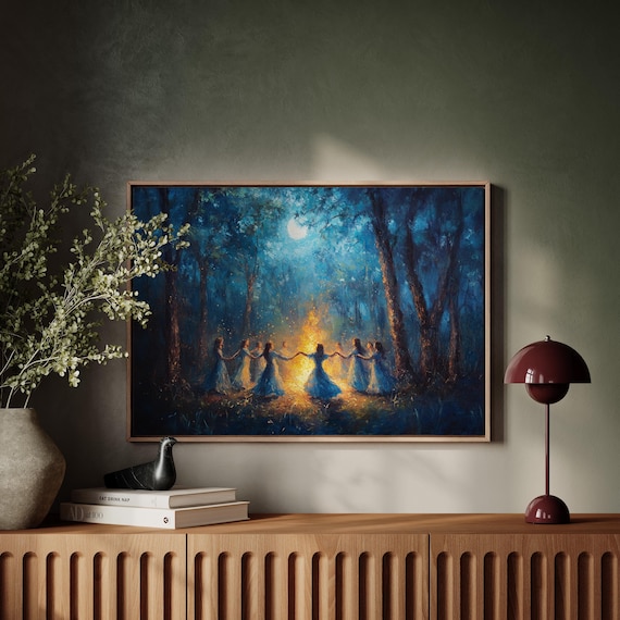 Mystical Moonlight Dance Women Circle Bonfire Forest Art Poster