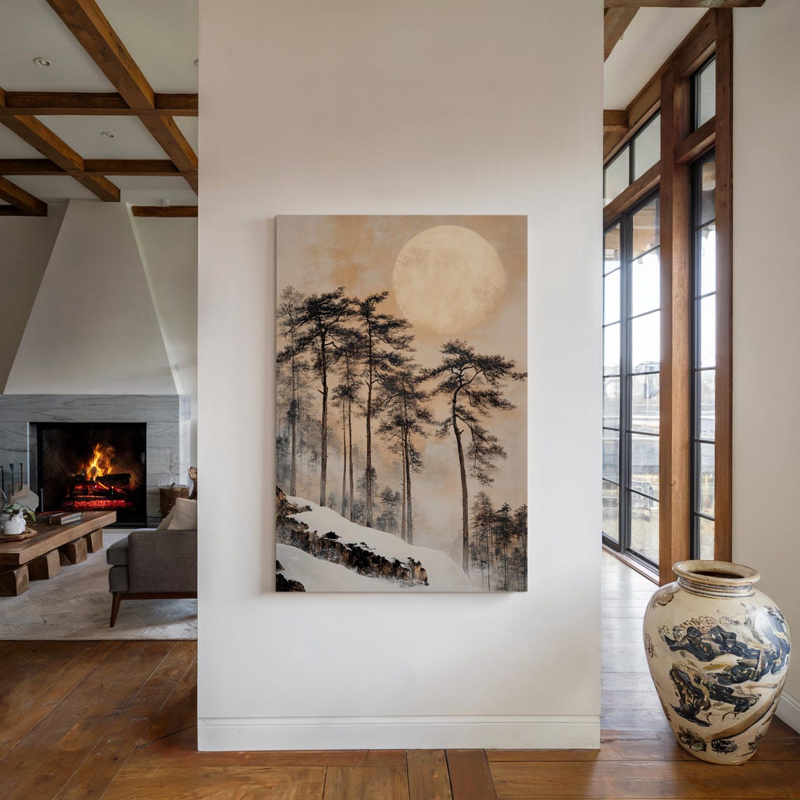Full Moon Over Snowy Pines Misty Winter Forest Cabin Travel Poster - Image 3