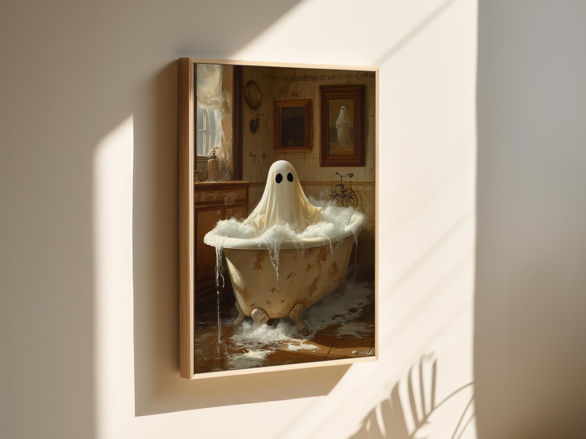 Whimsical Ghost Soaking in Vintage Clawfoot Bubble Bath Halloween Poster - Image 4