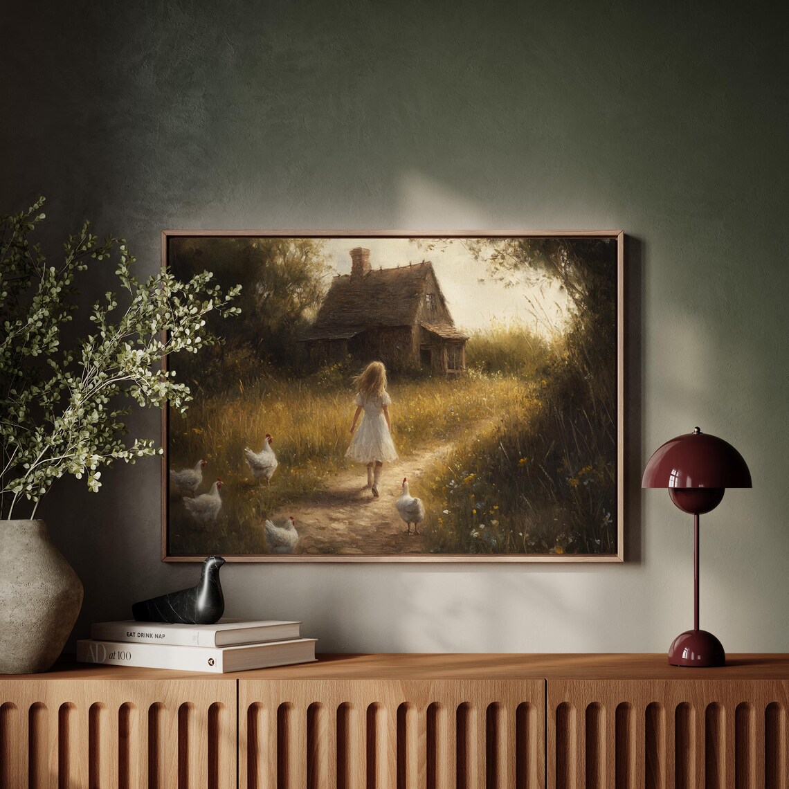 Girl in White Dress Walking with Chickens at Dusk Moody Farm Poster - Image 5