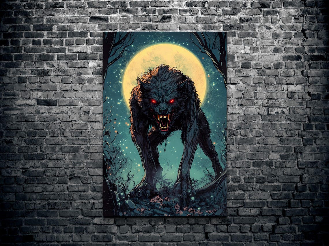 Prowling Werewolf Under Golden Full Moon Gothic Horror Art Poster - Image 2