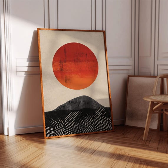 Minimalist Red Sun Over Black Mountain Canvas Art Japanese Abstract Landscape Wall Decor Bold Modern Geometric Nature Poster