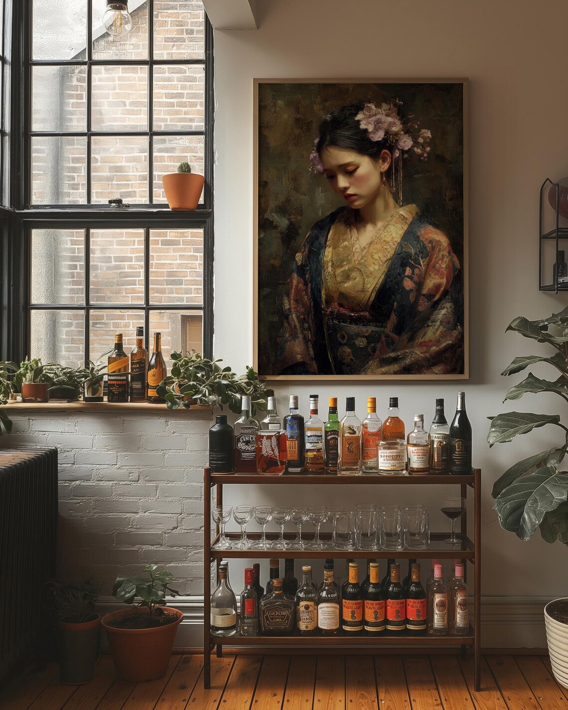 Elegant Geisha in Kimono Japanese Portrait Art Poster for Home