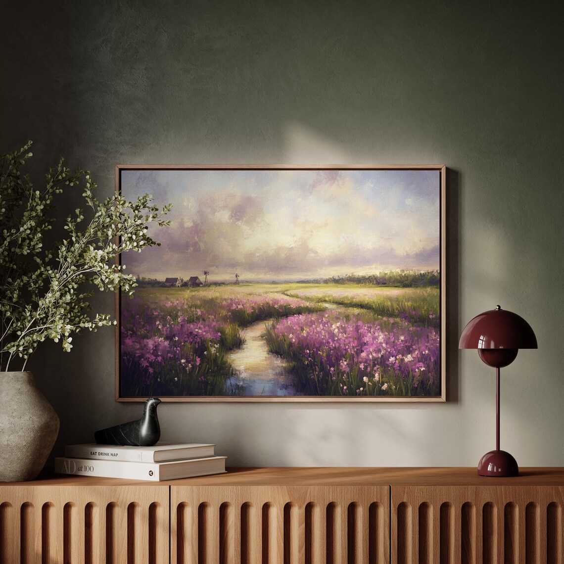 Purple Wildflower Meadow With Stream At Sunset Painting Poster - Image 5