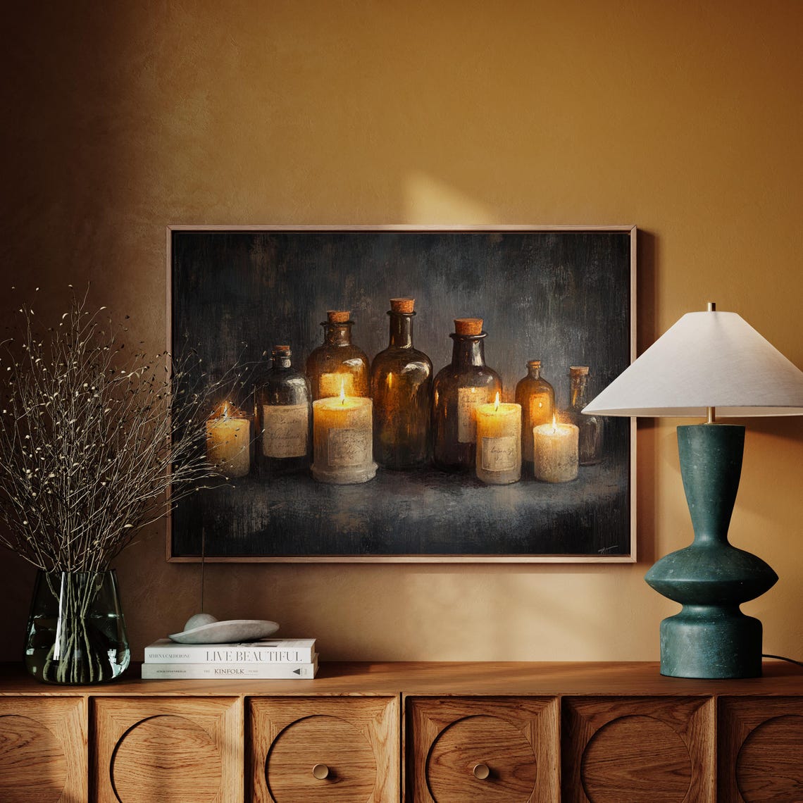 Amber Glass Bottles And Lit Candles Dark Moody Still Life Poster