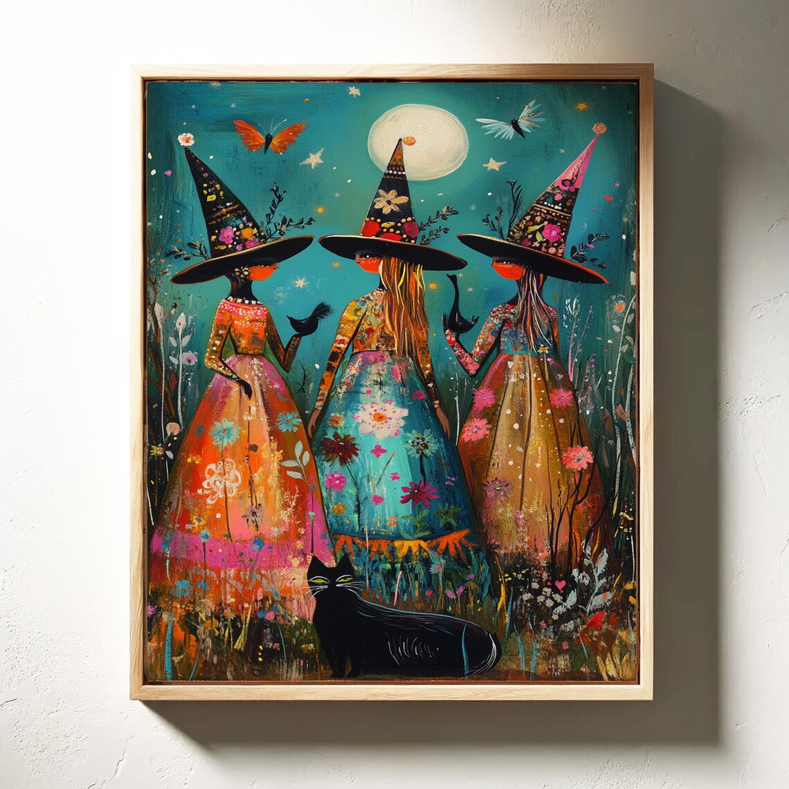 Whimsical Witches Under Full Moon Starry Night Black Cat Halloween Poster - Image 4