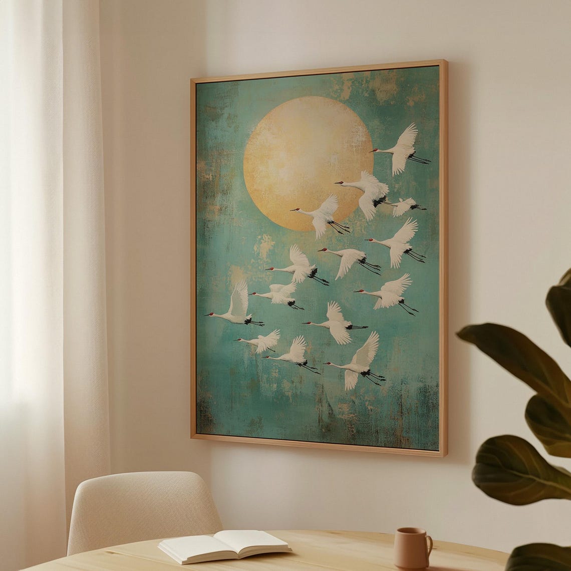 Flock of White Cranes Flying Across a Golden Sun Teal Sky Poster - Image 3