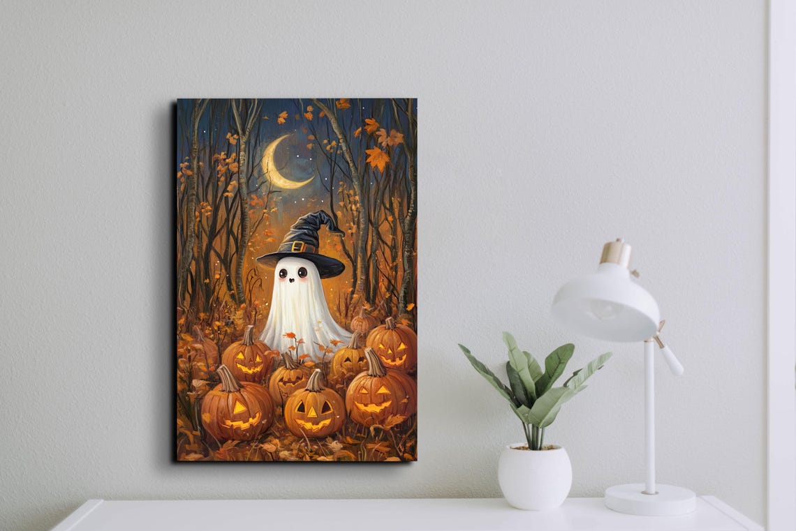 Cute Ghost in a Witch Hat Surrounded by Glowing Jack O Lanterns Poster - Image 3