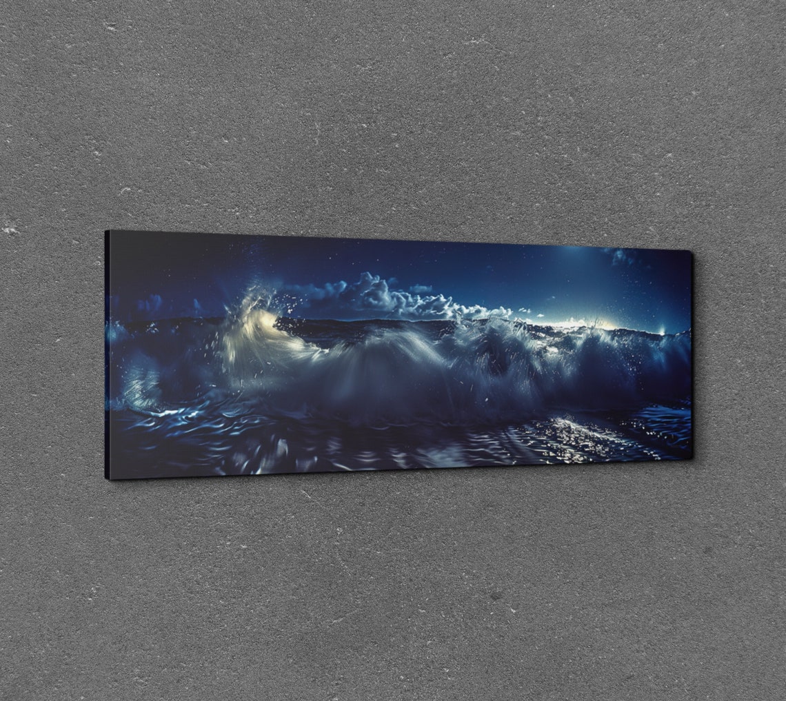 Giant Ocean Wave Under Moonlight Night Seascape Panorama Wall Art - Image 7