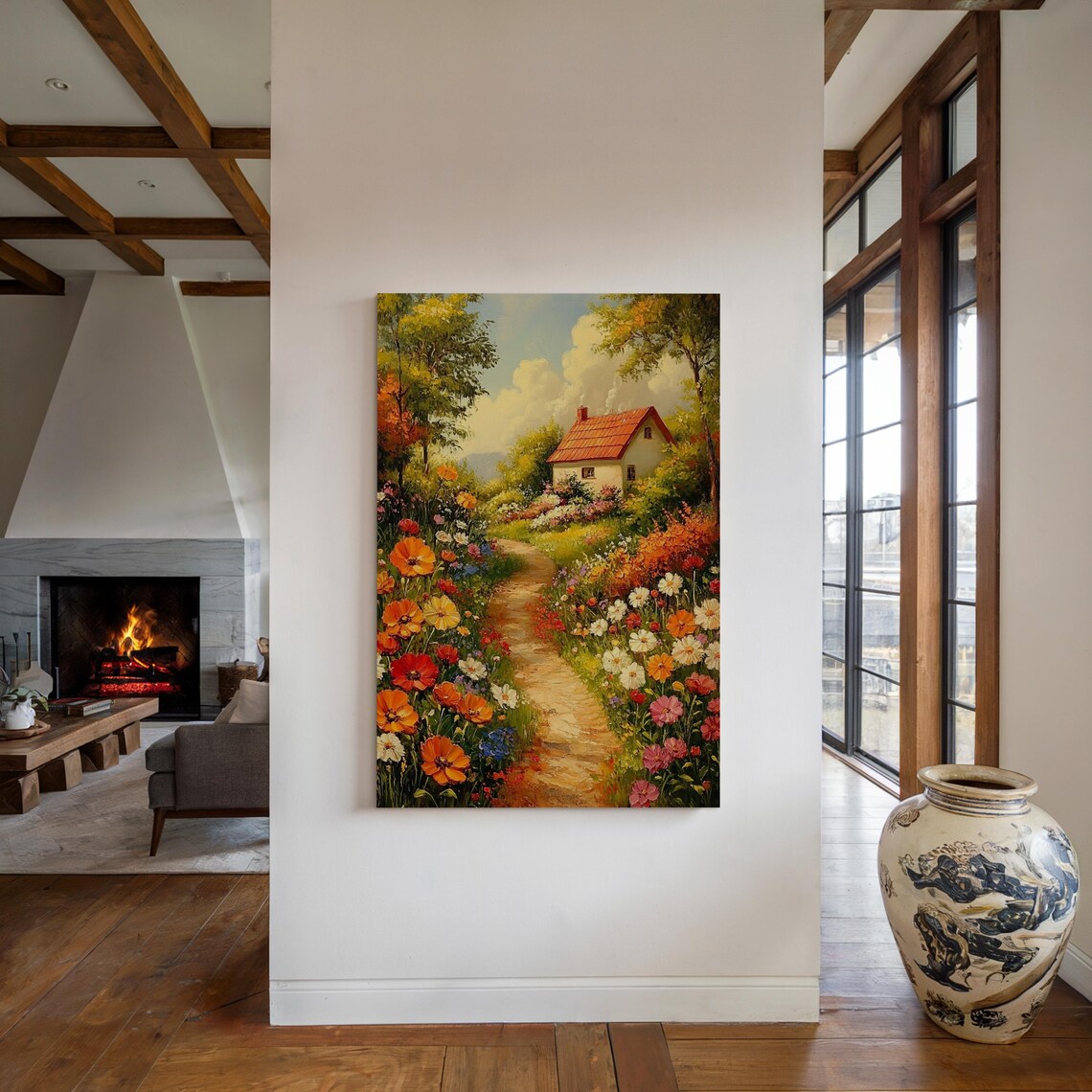 Floral Cottage Path Vibrant Oil Painting Of Blooming Wildflowers And Cozy Countryside Home Nature Inspired Wall Art - Image 4