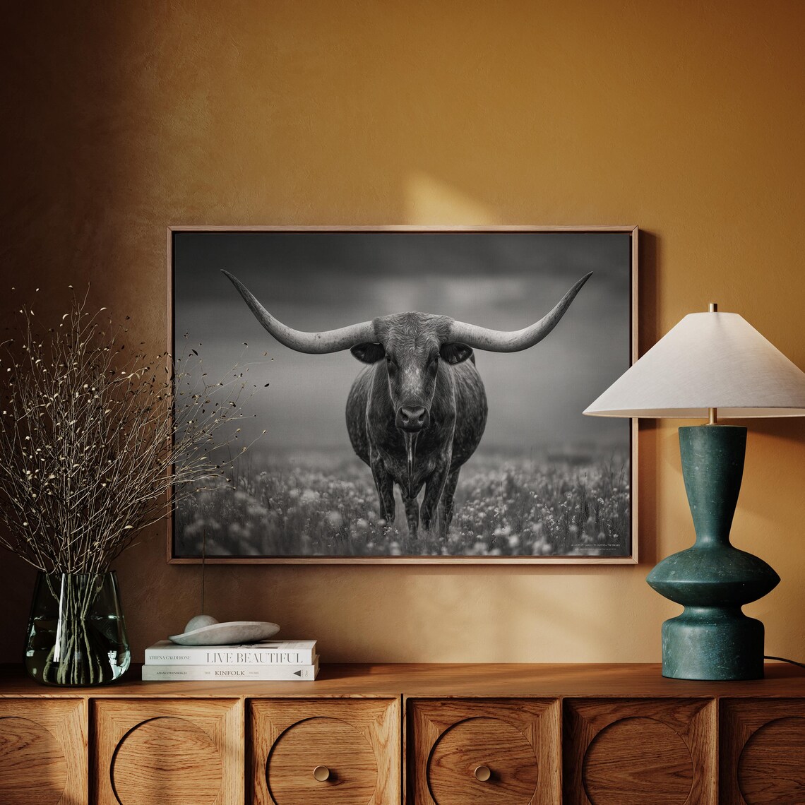 Texas Longhorn Art Print, Black And White Western
