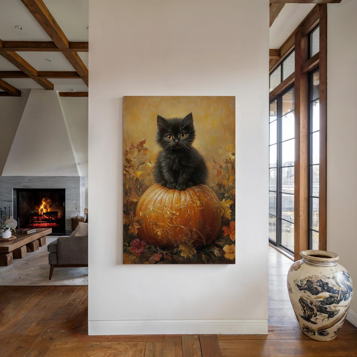 Adorable Black Kitten On Pumpkin Autumn Fall Cozy Cat Wall Art - Image 3