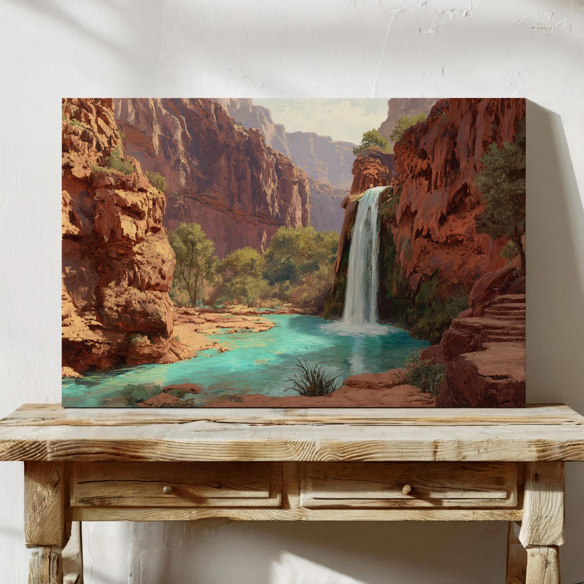 Desert Waterfall Pouring Into Red Rock Canyon Turquoise Pool Poster