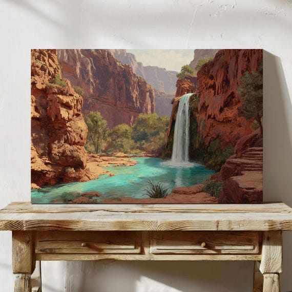 Southwest Desert Waterfall Canvas Wall Art Canyon River Landscape Painting With Red Rocks Turquoise Pool Nature Scenic Home Dcor