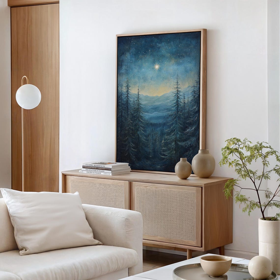 Bright Star Over Snowy Mountain Pines Night Sky Winter Art Print - Image 6