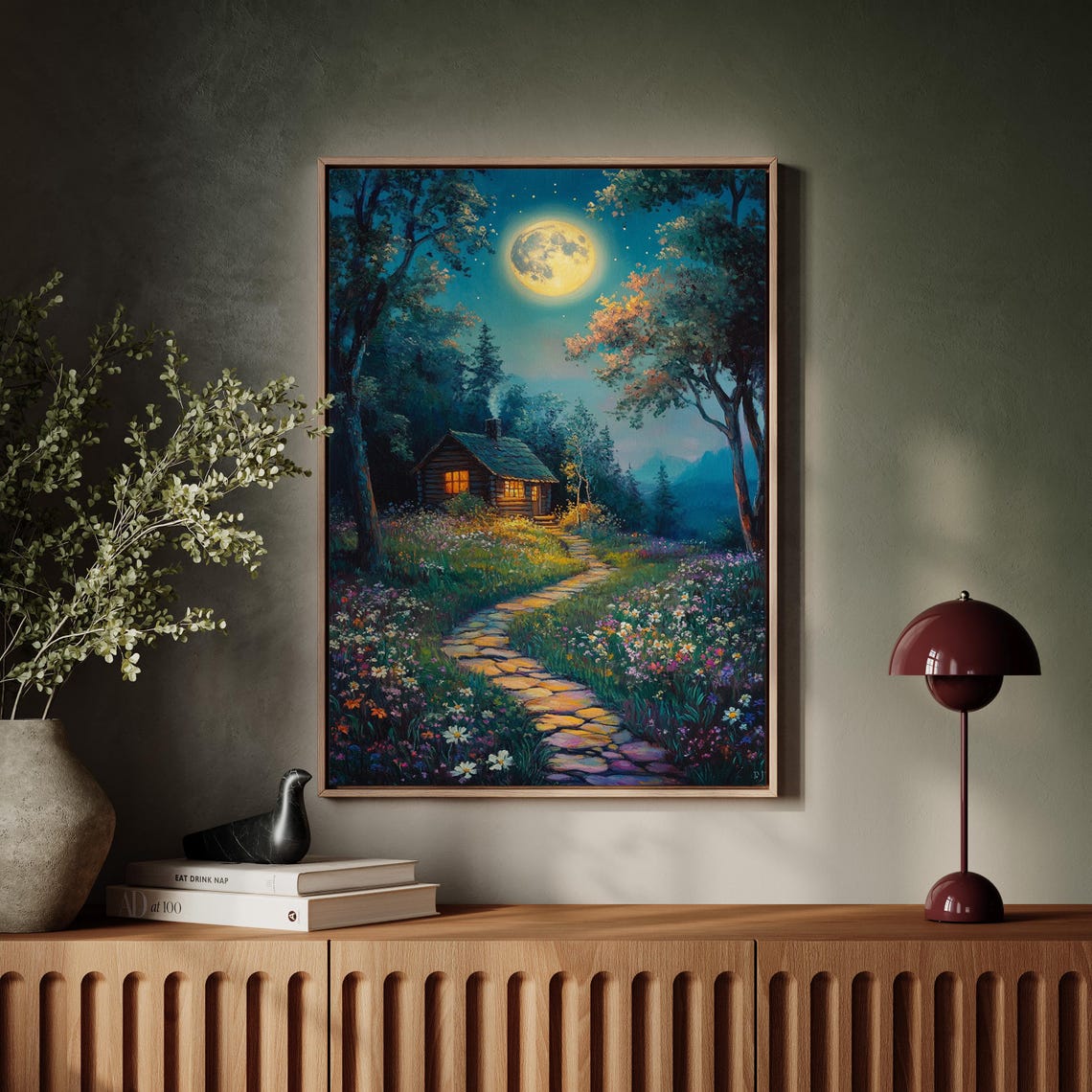 Moonlit Cabin Glowing Windows Stone Path Wildflower Night Poster - Image 7