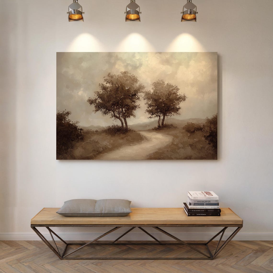 Two Trees Beside a Misty Winding Path Muted Landscape Poster - Image 5