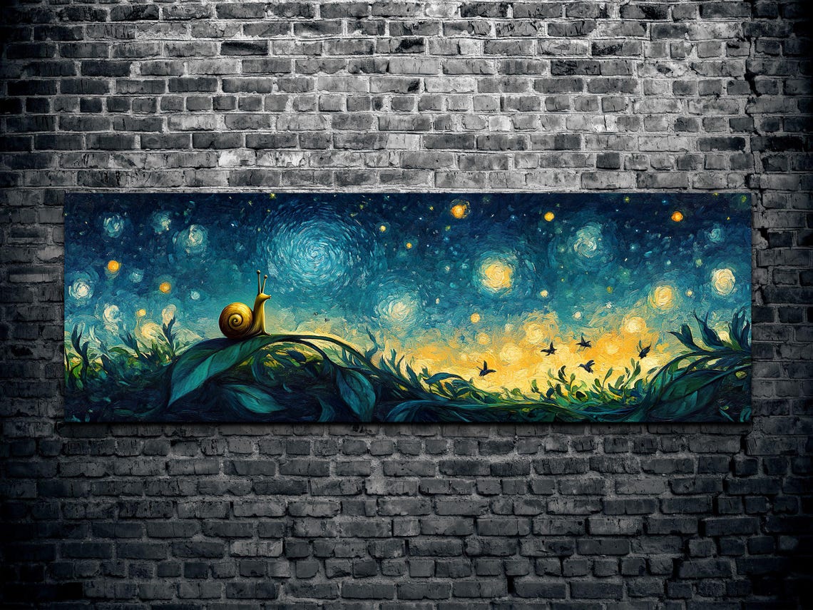 Tiny Snail Under Swirling Starry Night Sky Panoramic Art Poster - Image 2