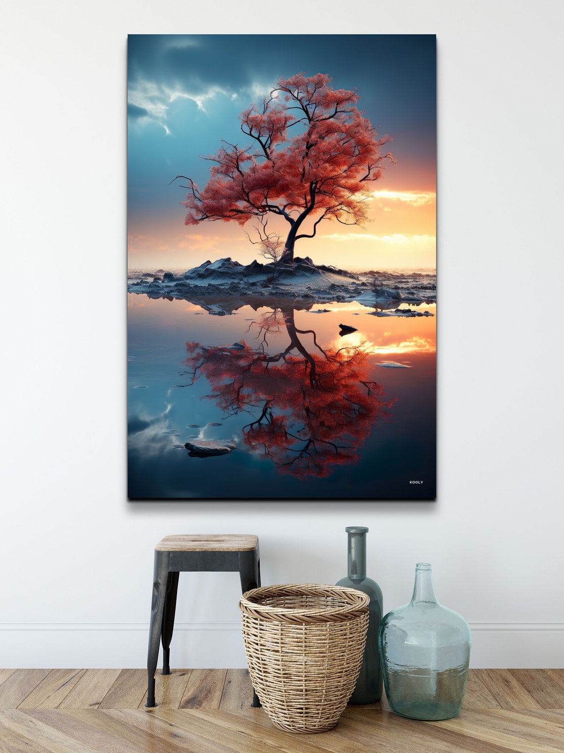 Red Tree Island Mirror Reflection Lake Sunset Serene Art Poster - Image 6