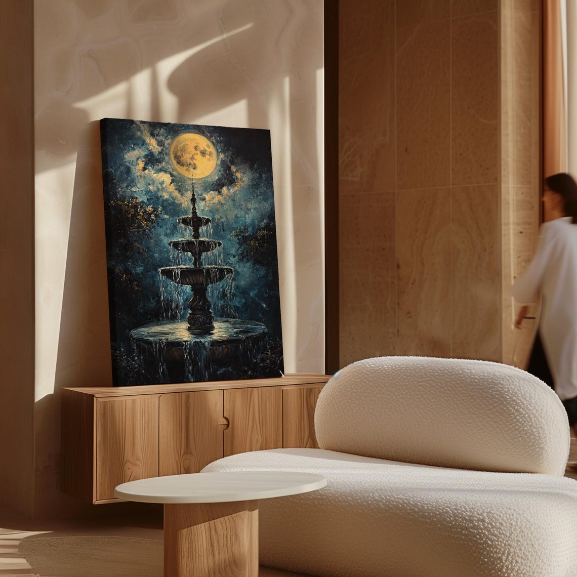 Moonlit Tiered Fountain Under Full Moon Night Sky Ethereal Art Poster - Image 5