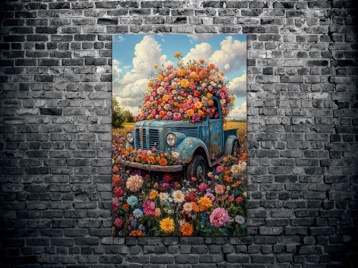 Vintage Blue Truck Overflowing With Wildflowers Spring Art Poster - Image 2