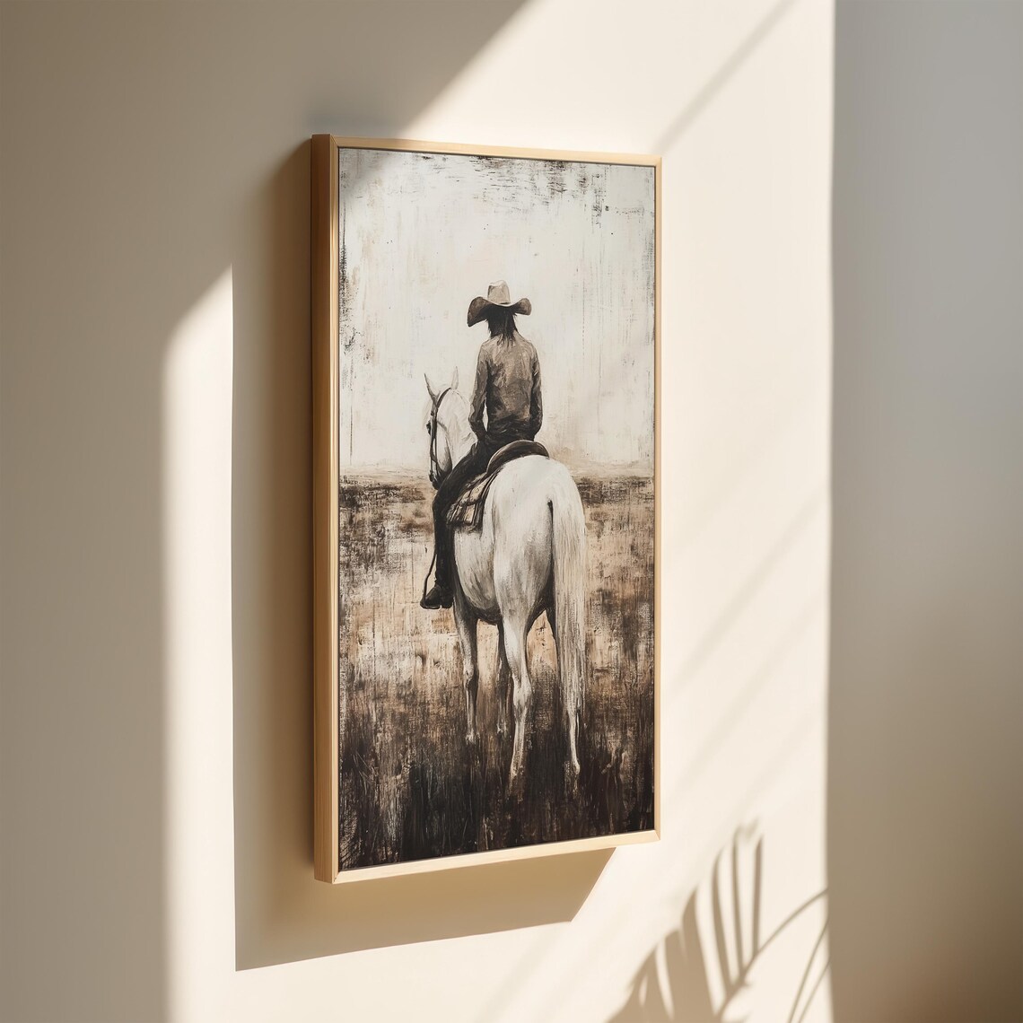 Cowboy On White Horse Distressed Charcoal Sketch Western Art Print - Image 3