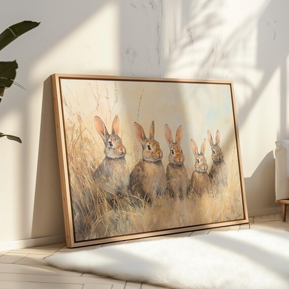 Adorable Five Rabbits Standing In Golden Wheat Field Art Poster