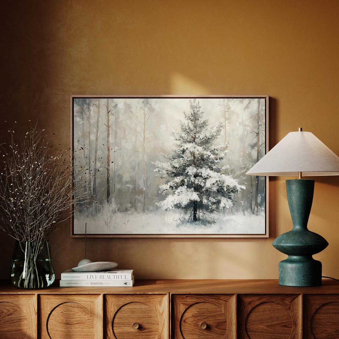 Snowy Pine Tree In Misty Gray Forest Peaceful Winter Wall Art - Image 4