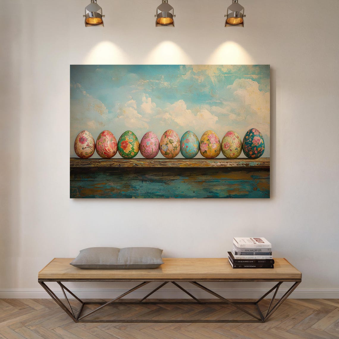 Colorful Floral Easter Eggs Row on Distressed Blue Wood Shelf Poster - Image 3