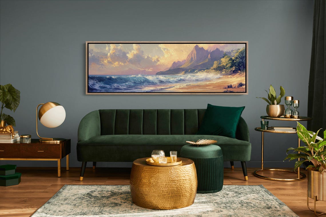 Ocean Sunset Waves With Mountain Beach Pastel Coastal Panorama Poster - Image 4