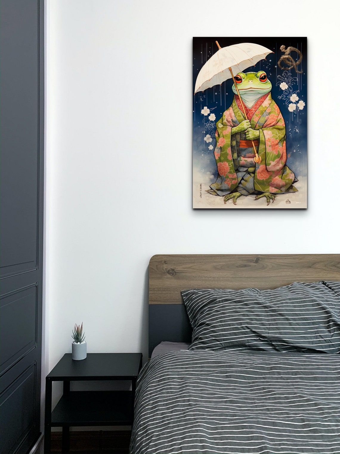 Japanese Frog In Kimono Holding Umbrella In The Rain Art Poster - Image 3