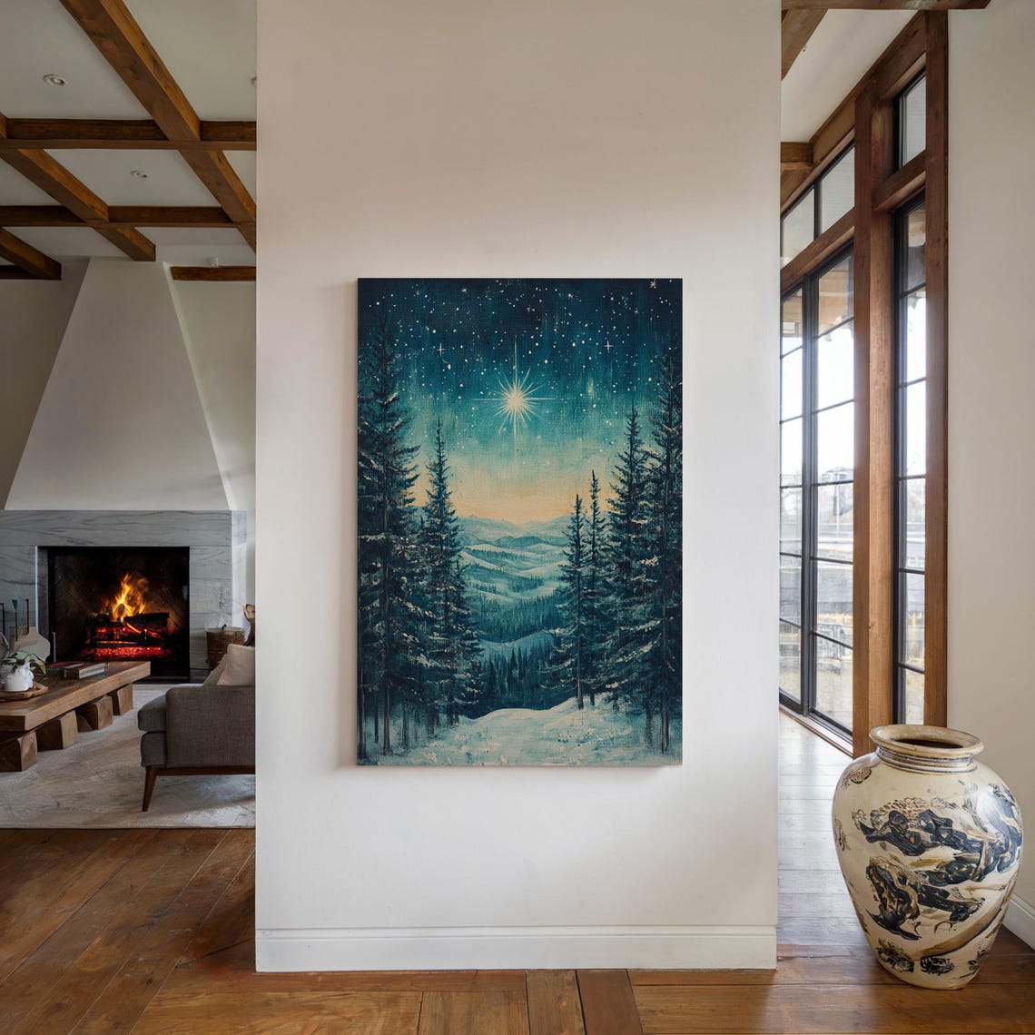Christmas Star Over Snowy Pine Forest Night Winter Landscape Poster - Image 5