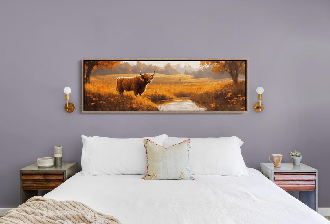 Highland Cow Autumn Meadow River Rustic Farmhouse Landscape Poster - Image 4