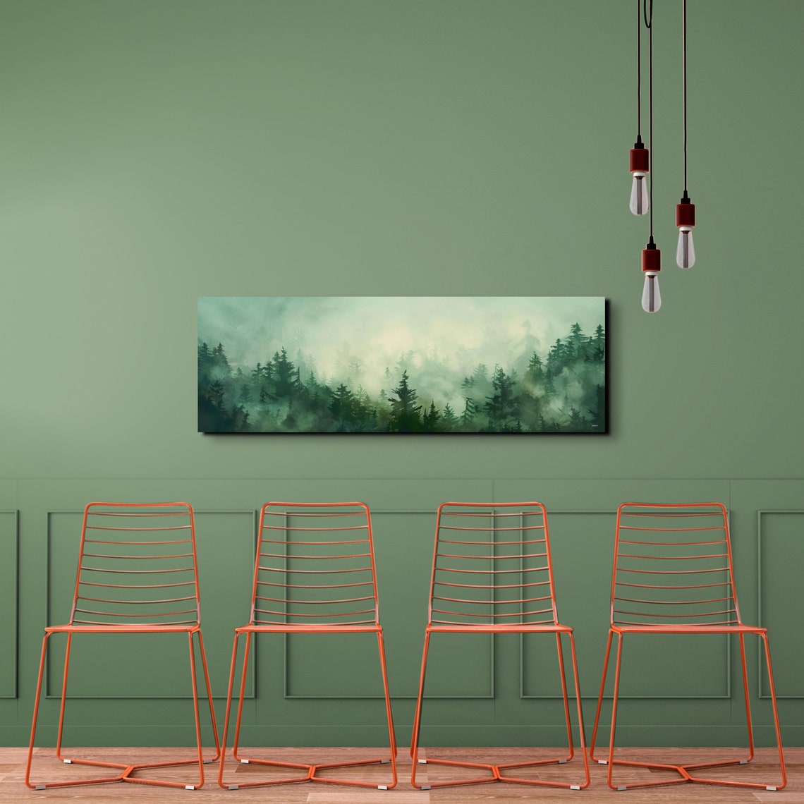 Misty Pine Forest Foggy Mountain Watercolor Panoramic Poster - Image 7
