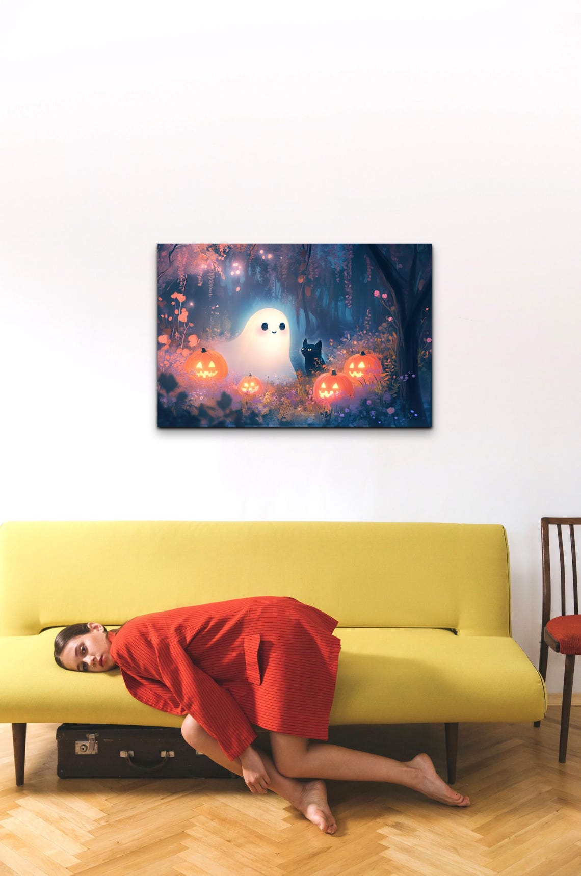 Smiling Ghost Black Cat Pumpkins Magical Forest Scene Poster - Image 3