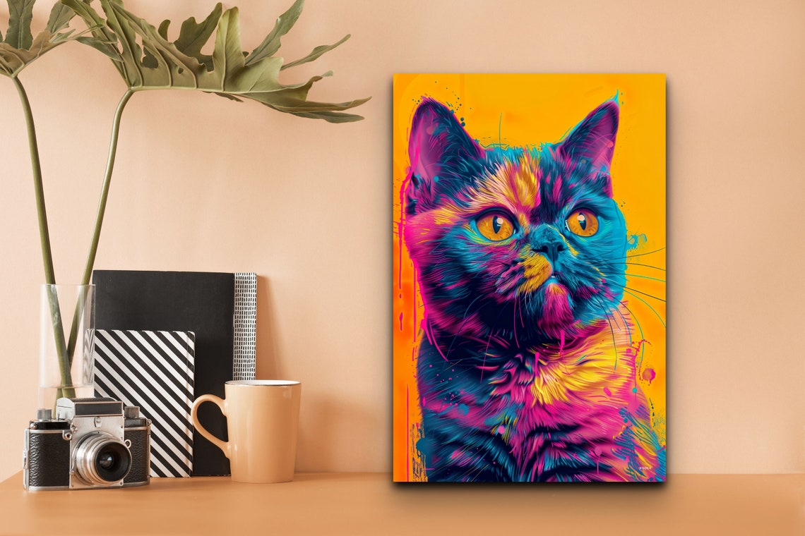 Colorful Cat Portrait on Bright Yellow Pop Art Background Wall Art - Image 4