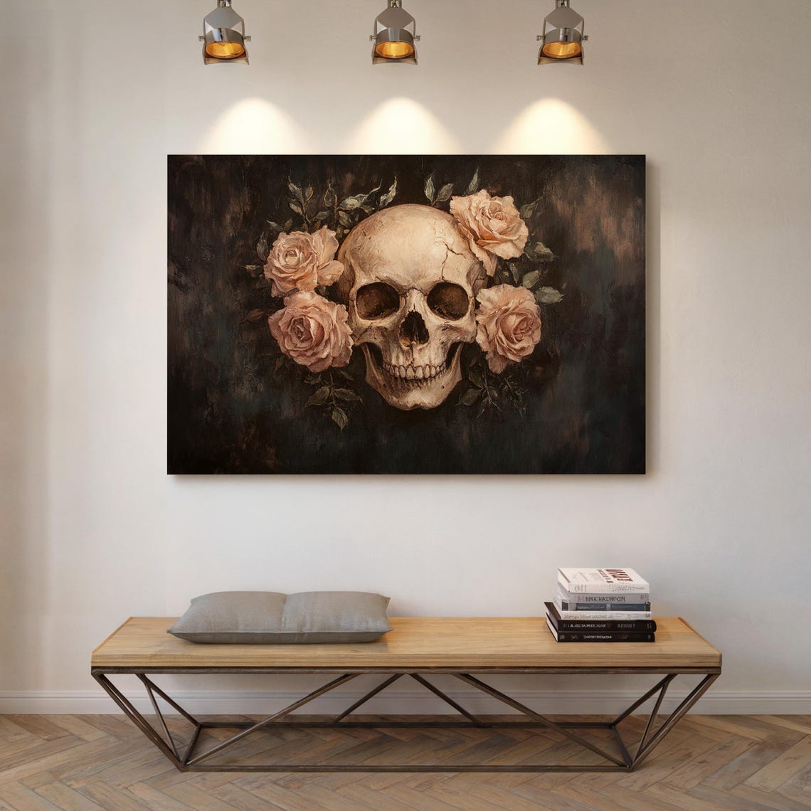 Human Skull With Roses On Dark Background Gothic Floral Oil Poster - Image 4