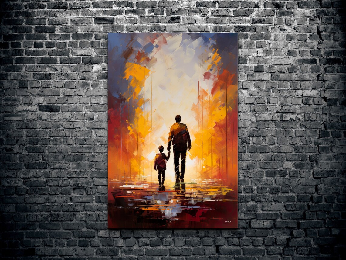 Father And Son Silhouettes Walking In Abstract Watercolor Poster - Image 2