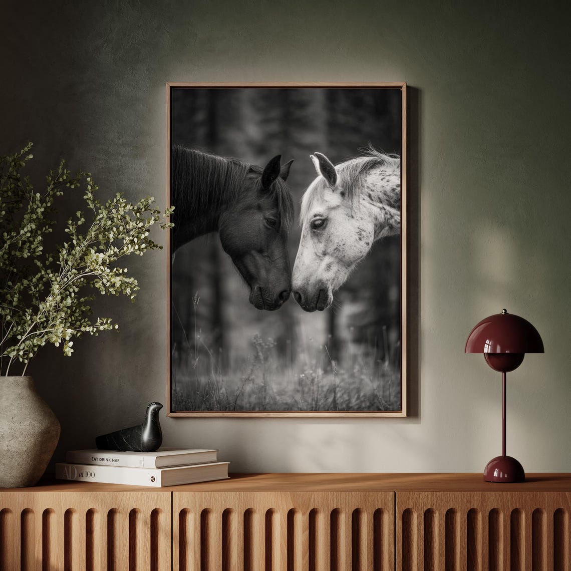 Two Horses Nose to Nose Bond Black and White Equine Art Poster
