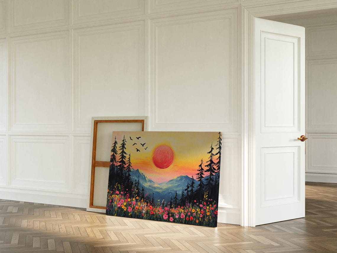Golden Sunset Over Mountain Meadow With Wildflowers And Birds Poster - Image 6