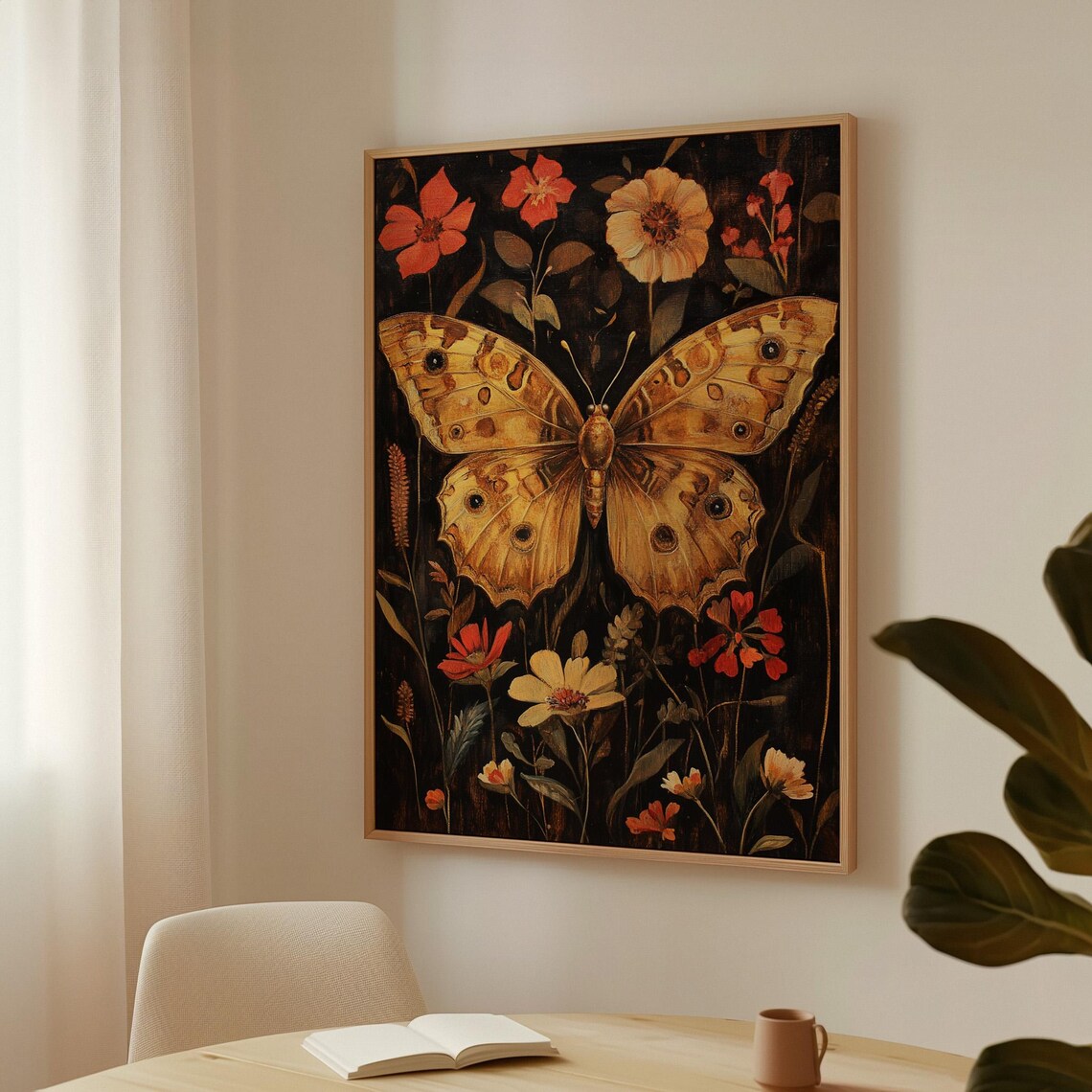 Vintage Golden Butterfly With Red Wildflowers Dark Floral Poster