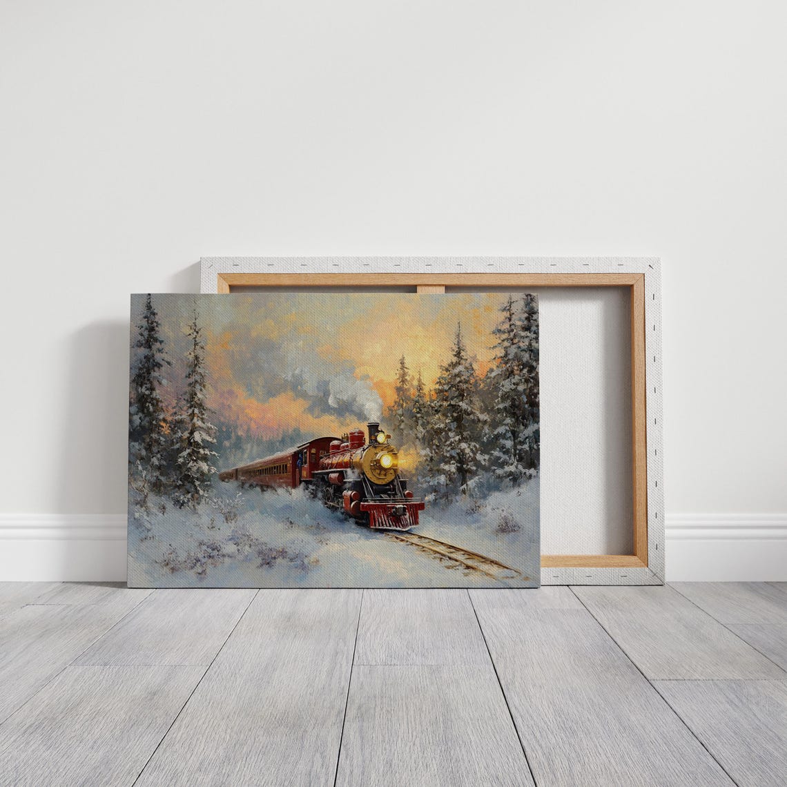 Vintage Red Steam Train Crossing Snowy Sunset Landscape Wall Art - Image 3