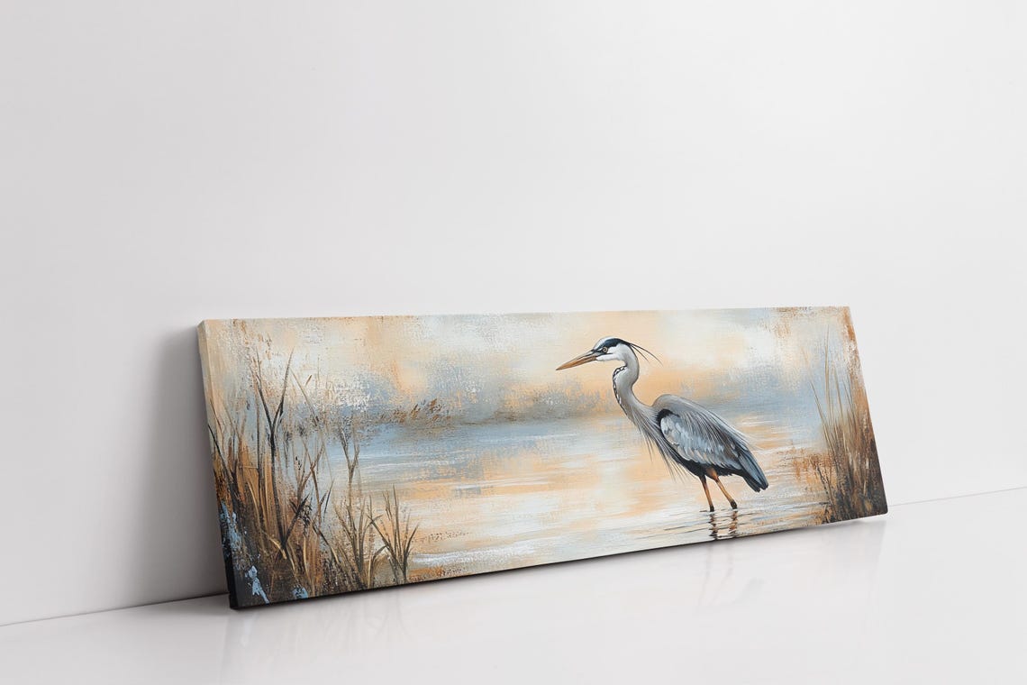 Blue Heron Marsh Panoramic Rustic Lake Bird Painting Nature Print - Image 2